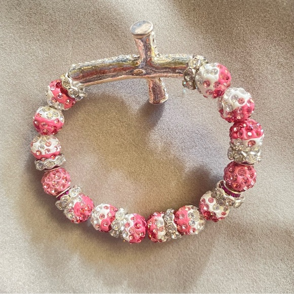 Handsome Elastic Bling Crystal Rhinestone Pink Silver Cross Bracelet Bangle - Picture 2 of 4